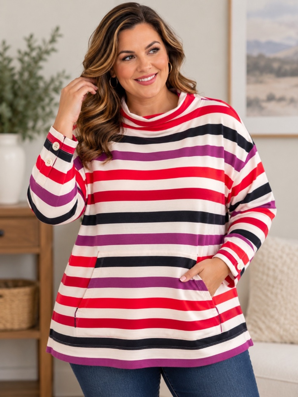 T by Talbots 3X Striped Cowl Neck Tunic Top Pink Purple Black Plus Size